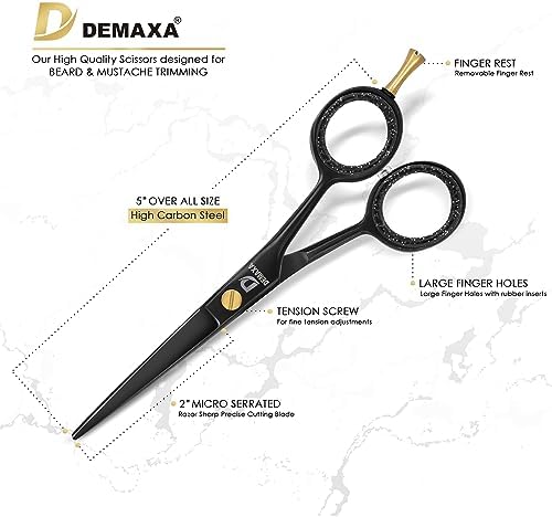 DEMAXA 5" Professional Mustache Scissors Beard Scissors for Men with Fine tip Tweezers 1 Mustache Comb 1 Beard Comb & Pouch – Beard Trimming kit & Mustache Kit (Black Shears With Tweezer) - Image 5
