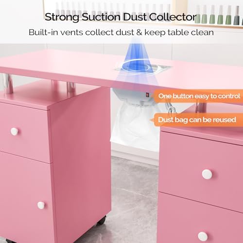 OmySalon Manicure Table Nail Desk for Nail Tech, Nail Table Station w/Electric Dust Collector, Nail Makeup Beauty Salon Storage Acetone Resistant w/Lockable Wheels,Wrist Cushion,4 Drawers&Cabinet - Image 4
