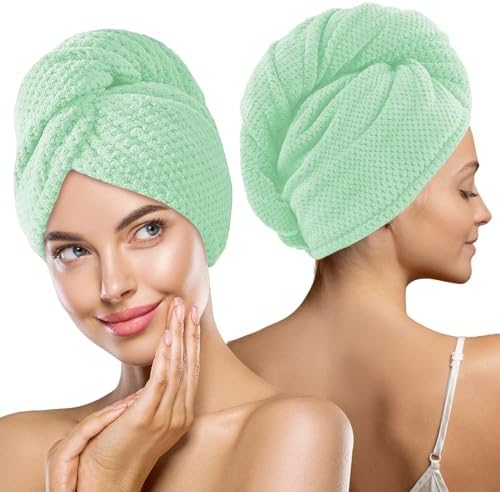 MaopaoBeauty 2 Pack Microfiber Hair Towel Wrap for Women, Super Absorbent Quick Dry Hair Turban for All Hair Style, Large Hair Drying Towel with Button, Green by BESTCHOICEFORYOU%EF%BC%81