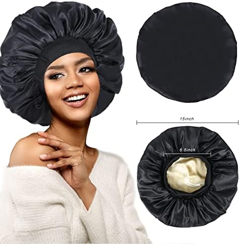 Silk Bonnet for Sleeping Double Layer Satin Bonnet Adjustable Bonnets for Black Women Sleep Cap Reversible Hair Bonnet for Curly Hair Hats(Black) - Image 4