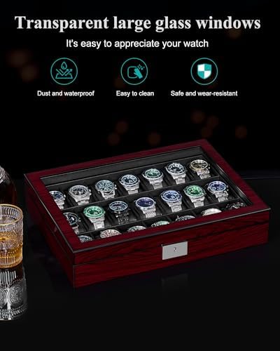 High End 21 Slot Watch Cases for Men, Piano Paint, Lockable Large Glass Lid - Image 6