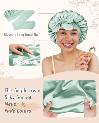BONNET QUEEN Small Double Layer Silk Bonnet for Sleeping for Women Satin Bonnet Night Cap for Short Thin Hair with Tie Band,Sage Green - Image 5