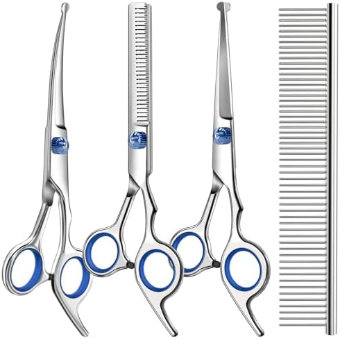 Professional 4 in 1 Dog & Cat Grooming Scissors Kit with Safety Round Tips,Sharp & Durable,Dog Shears for Grooming - Includes Straight, Curved, Thinning Scissors and Comb - Premium Pet Supplies by Unknown