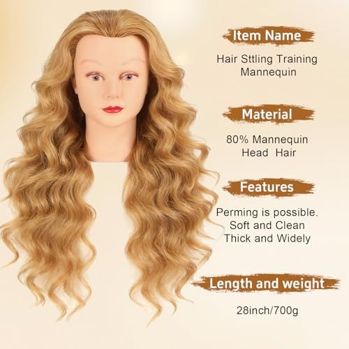 28 Inch Mannequin Head with 80% Human Hair Face Mannequin Head for Hair styling Practice - Curling, Braiding, Cutting Multiple Hair Colors with Table Clamp Stand for Kids and Professionals - Image 2