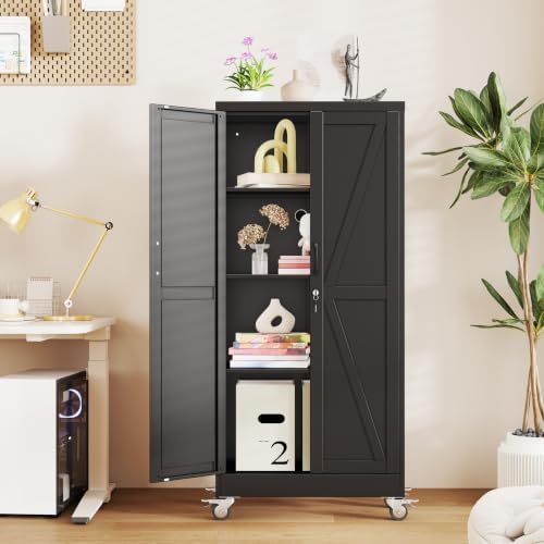61" Metal Garage Storage Locker Cabinet with Wheels,Rolling Black Lockable Tool Cabinet with 2 Doors and 3 Adjustable Shelves, Steel Office File Cabinet for Home Office Warehouse Gym - Image 2