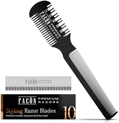 Facón Razor Comb for Hair Cutting - Professional Hair Cutting Comb Kit with 12 Replacement Blades, Double Edge Shaper for Salon & Home, Premium Styling Thinning Texturizing Split Ends Trimming Razor by Fac%C3%B3n