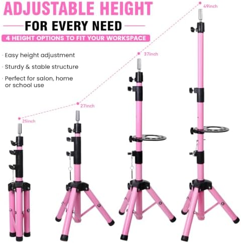 ZQIAN BEAUTY 55 Inch Heavy-duty Wig Head Stand, Adjustable Metal Mannequin Head Stand Tripod For Hairdressing Training Head, Wig Stand Tripod with Tool Tray (Pink, Mannequin Head Not Included) - Image 3