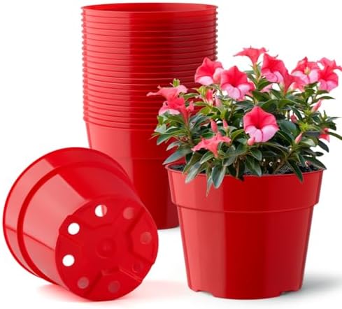 RooTrimmer 20 Pack 6 Inch Plant Pots, Thickened Plastic Flower Pots with 20 Pcs Water Collecting Trays, 20 Soil Block Mesh Pads, Red by RooTrimmer