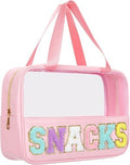 BuyCard Chenille Letter Clear Snack Bags Makeup bag, Preppy Cosmetic Bag, Nylon & PVC Waterproof Travel Pouch with Zipper & Handle, Large Capacity Toiletry Organizer Bag for Women & Girls (Pink) by BuyCard