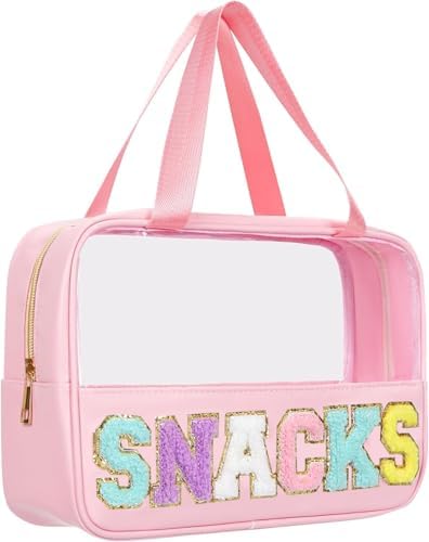 BuyCard Chenille Letter Clear Snack Bags Makeup bag, Preppy Cosmetic Bag, Nylon & PVC Waterproof Travel Pouch with Zipper & Handle, Large Capacity Toiletry Organizer Bag for Women & Girls (Pink) by BuyCard