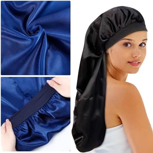 2Pcs Long Satin Bonnet Sleep Caps, Hair Bonnets,Black+Navy Blue - Image 7