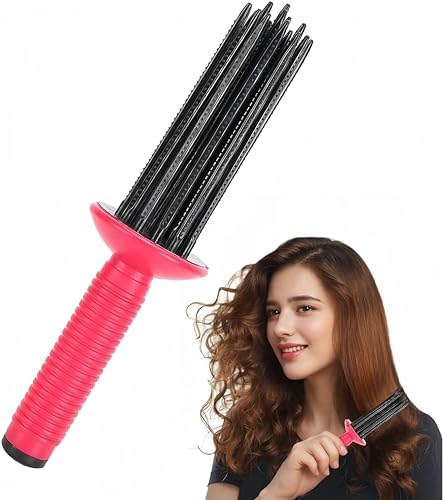 Curly Hair Styler Tool, 17 Teeth Curling Roll Comb - Rose red+Black, Hair Salon Professional Curling Brush for Home Use by Neuvikter