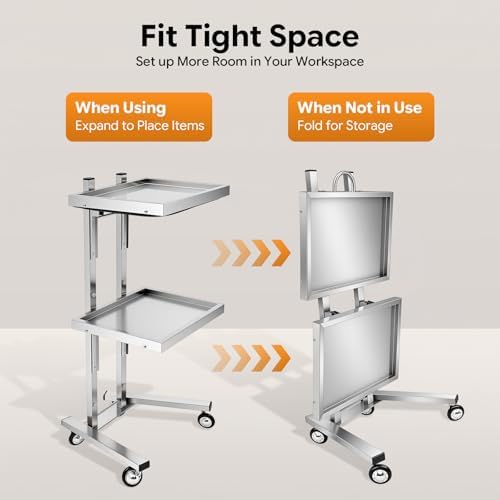 2 Tier Metal Rolling Cart, Stainless Steel Salon Tray with Wheels, Foldable Utility Carts, Folding Salon Tray Trolley for Tattoo (Silver) - Image 4