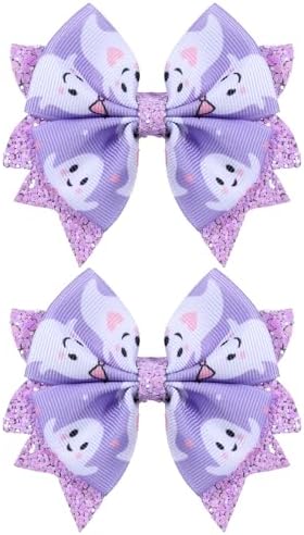 Glitter Halloween Hair Bows for Girls,2 Pack 3.5in Purple Ghost Print Grosgrain Ribbon Bow Clips Alligator Pins for Toddler Kids Teens Women Trick or Treat Gift Party Wear Dress Accessory by KCHIES-AccessoryCollection