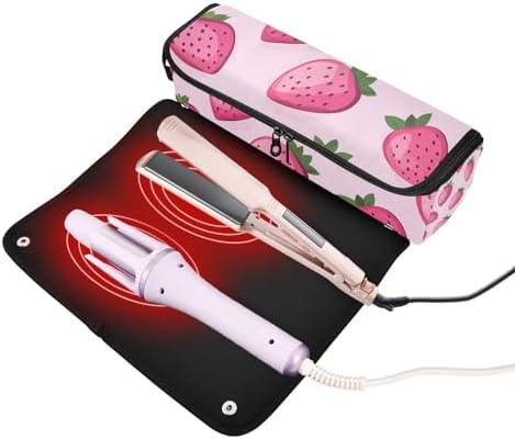 Hair Tools Travel Bag with Heat Resistant Mat Detachable 2-in-1 Curling Iron Travel Case Hot Tools Organizer for Straightener Flat Iron Pink Strawberries - Image 2