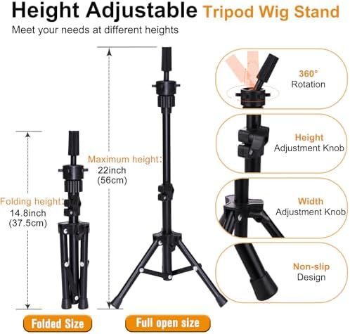 Wig Head Stand Set 22 Inch Wig Mannequin Head with Stand,Black - Image 4