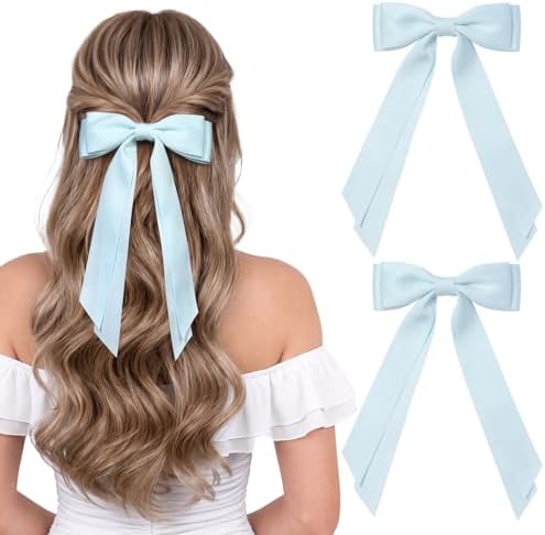 2PCS Blue Hair Bows, Large Ribbon Bow Hair Clips for Girls Women Cute Ponytail Holder Accessories for Toddlers Kids Teens by AILEAM
