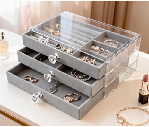 Clear Acrylic Velvet Jewelry Organizer with 3 Drawers, Stackable Display Storage Earrings Necklace Rings Bracelets Box Holder Case for Women, Grey - Image 3