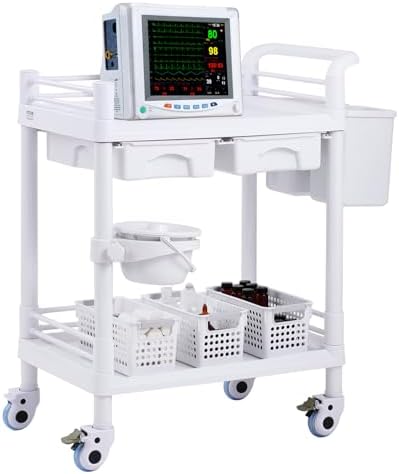 VEVOR Medical Mobile Trolley Cart with 2 Drawers & 3 Trash Cans, 2 Tiers Beauty Salon Rolling Trolley with 4 Silent Wheels & 2 Dirts Bucket & Bowl, Medical Utility Cart for Hospital Dental Clinic Lab by VEVOR