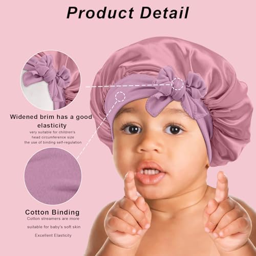 3 Pcs Kids Silk Bonnet for Sleeping-Baby Kids Satin Hair Bonnet for Curly Hair Girls Boys with Wide Elastic Band,Sleeping Cap for Teens Toddler (Rose Gold+Hotpink+Purple) - Image 3