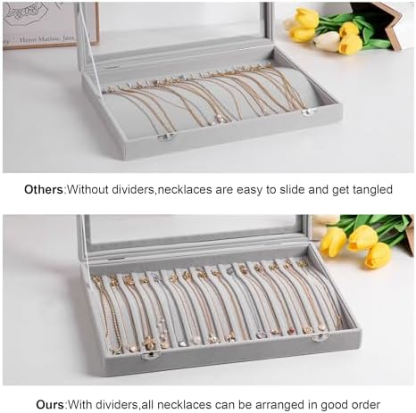 Frebeauty 15 Hooks Necklace Organizer,Velvet Necklace Holder Tray with Lid - Image 5