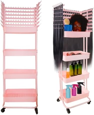 Braiding Hair Rack with 196 Pegs, Hair Extension Holder with 4 Tiers Storage Cart, Elegent Pink Braiding Rack Stand for Hair Braider, Sturdy Hair Rack for Salon, Home, Beauty School by ICCTUO