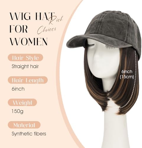 Rich Choices Hat Wigs for Women,Dark Gray Baseball Cap with Hair Extensions for Women/Men,Short Bob Hairstyle Caps with Hair Attached Adjustable Baseball Cap Wig 6 Inch Highlighted Dark Brown Hair - Image 2