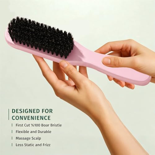4Pcs Beech Wood Boar Bristle Slick Back Hair Brush Set Pink - Image 2