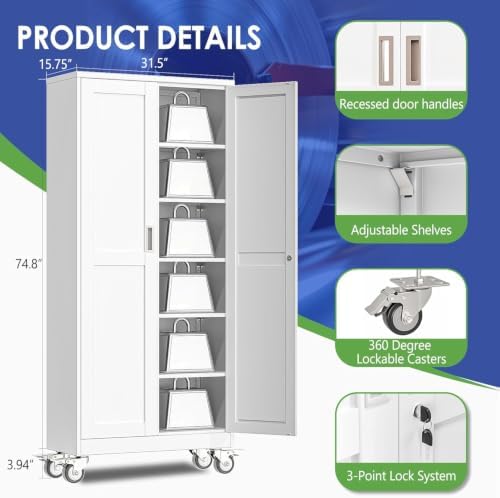 75" Metal Garage Storage Cabinet with Wheels and Locking Doors and Tall Rolling Steel Tool Cabinet with 5 Adjustable Shelves for Garage,Home,Office,Shop (White, 75''H x 32''W x16''D) - Image 3