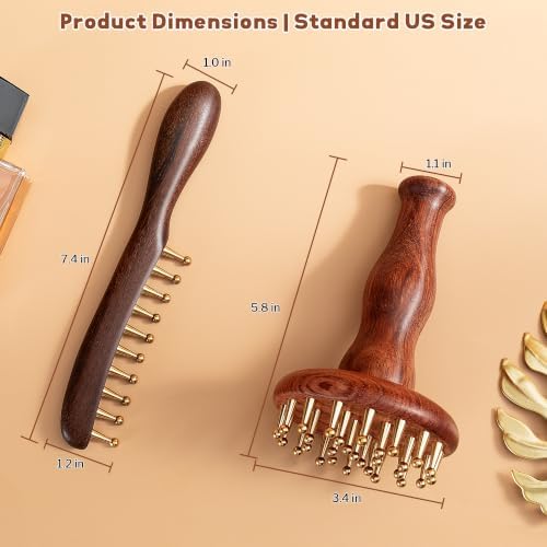 SIMPOR 2 in 1 Brass Copper Meridian Massage Tool Set, 29 Teeth Meridian Massage Brush & Wide Tooth Scalp Massage Comb, Sandalwood Handheld Massager for Head Neck Shoulder Abdomen Home SPA Self Care - Image 2