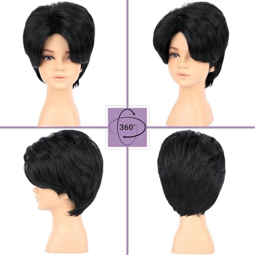PUREHAIR Kids Short Black Wig with Tattoos for Boys Costume - Image 2