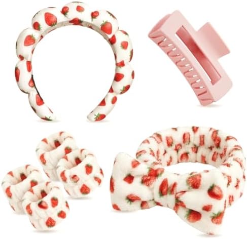 7 Pcs Spa Set, Facial Headband and Wristband Set, Skincare Accessories, College Style Girl Gift, Hair Accessories for Women and Girls（Pink Strawberry） by Unknown