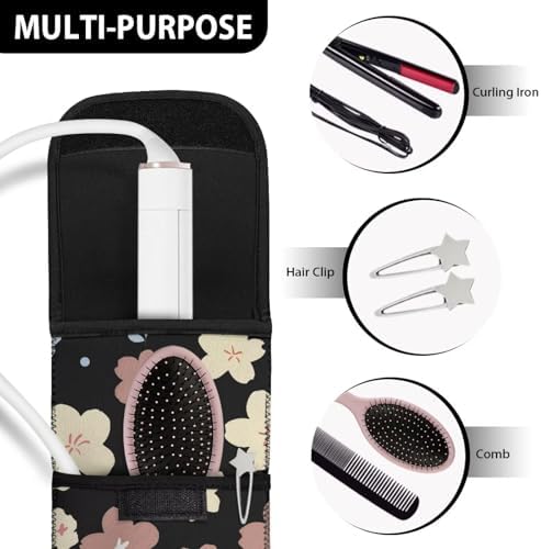 Women's Heat Resistant Neoprene Curling Iron Holder Flat Iron Curling Wand Travel Storage Cover Case Bag Pouch -Water-Resistant Cartoon Cherry Blossom - Image 6
