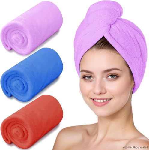 3 Pack Microfiber Hair Towel Wrap for Women, Fast Drying Hair Turban with Button, Anti-Frizz Large Hair Towel for All Hair Styles, Soft & Absorbent Hair Drying Towel(Red,Bule,Purple) by YHPDYL