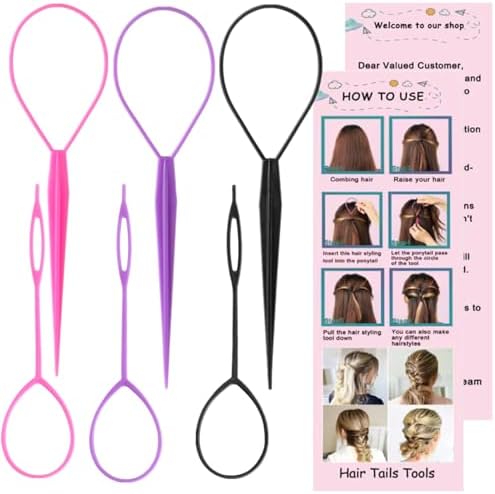 Luumxai 9pcs Topsy Hair Tail Tool and rat tail comb set,6pcs French Braiding Tool ring,3Pcs Metal Parting Combs,Woman Girl Hair Styling (Pink,Purple, Black) - Image 2