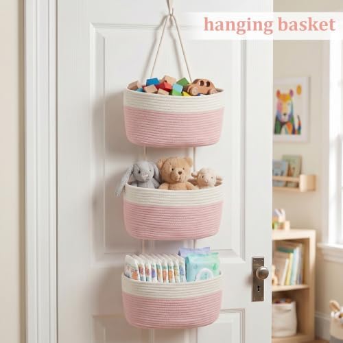 TeoKJ Over the Door Hanging Storage Basket 3 Tier Wall Organizer White&Pink - Image 4