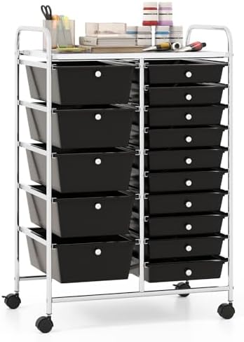 Giantex 15 Drawer Rolling Storage Cart Tools Scrapbook Paper Office School Organizer, Black by Giantex