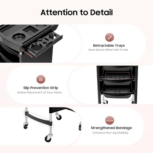 Salon Trolley Cart with Wheels & 5 Drawers, 6 Layer Salon Rolling Stations for Hair Stylist Rolling Storage Trolley w/ 2 Hair Dryer Holder Side Tray for Beauty Tattoo Hairdressing Beauty Equipment - Image 7