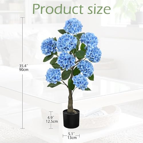 Hollyone 3FT Blue Hydrangea Artificial Flowers Tree Large Real Touch Faux Silk Hydrangea Plants Potted Fake Flower in Black Pot for Home Indoor Outdoor Front Porch Garden Entrance Living Room Decor - Image 2