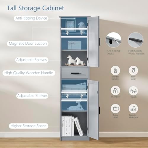 usikey 67“ Tall Bathroom Cabinet, Storage Cabinet with 4 Shelves & 2 Doors, Narrow Storage Cabinet for Bathroom, Living Room, Home Office, Greige - Image 5