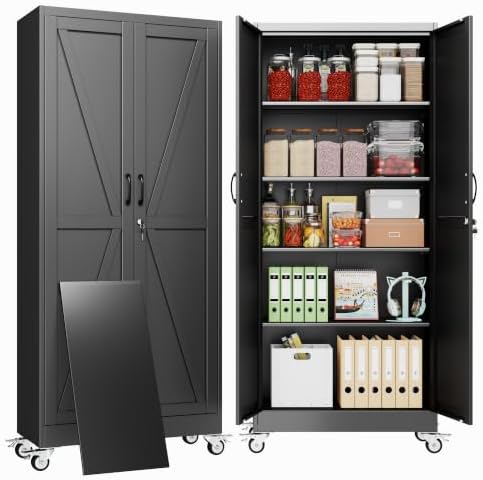71" Metal Garage Storage Locker Cabinet with Wheels,Rolling Black Lockable Tool Cabinet with 2 Doors and 4 Adjustable Shelves, Steel Office File Cabinet for Home Office Warehouse Gym by BAOLIWO