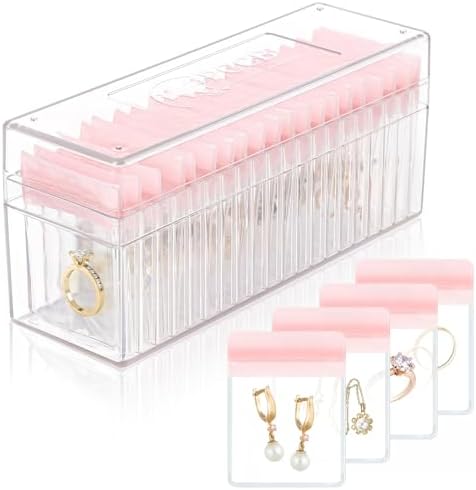 HOMEHIVE Acrylic Jewelry Box Organizer, Clear Jewelry Organizer Holder with 20 Portable Anti Tarnish Jewelry bags, Travel Jewelry Case for Earrings/Rings/Necklaces for Women Girls, Pink by HOMEHIVE