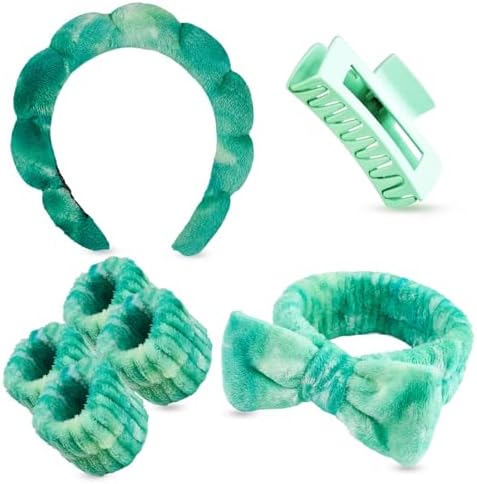 7 Pcs Spa Set, Facial Headband and Wristband Set, Skincare Accessories, College Style Girl Idea Gifts, Hair Accessories for Women and Girls (Tie Dye Green by Unknown