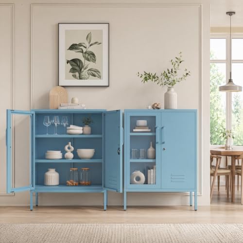 29.5" Wide Blue Metal Storage Cabinet with Lock and Ventilated Doors, 2 Adjustable Shelves, Heavy Duty Home Metal Accent Locker for Kitchen Office Living Room Hallway - Image 6