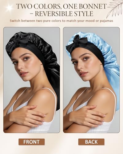 AWAYTR Long Satin Bonnet for Sleeping, Women Two-Tone Reversible Sleep Cap - Image 4