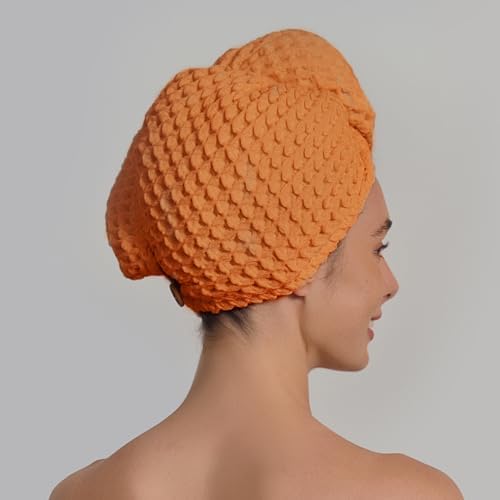 Luxury Organic Japanese Cotton Hair Drying Waffle Towel Wrap for Women | Absorbent, Quick-Dry Head Turban for Shower, Sauna, Spa | Extra Large for Long, Curly, Straight Hair With Button (Orange, 2 Pc) - Image 3