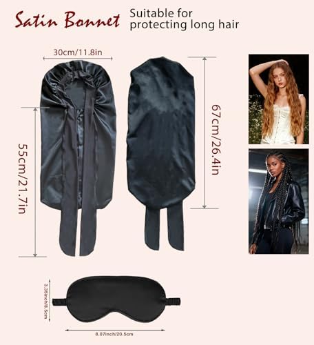 Womens 2Pcs Silk Satin Bonnet Long Hair Bonnets For Sleeping Silky Bonnet With Eye Mask Braids Curly Hairs Sleep Cap - Image 3