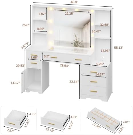 Hasuit 48.8'' Large Vanity Desk with Lighted Mirror & Power Outlet, White Makeup Vanity Table with 6 Drawers, 4 Shelves and 1 Storage Cabinet, Glass Tabletop Bedroom Dressing Table, 3 Lighting Modes - Image 6