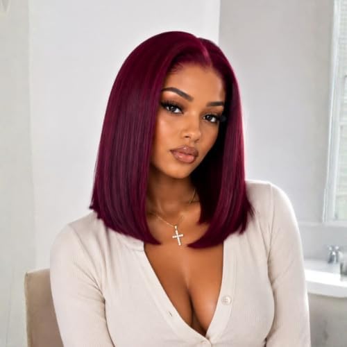 ALHER Short Bob Wig 99J Dark Burgundy, 12A Straight Small Cap 13x4 Lace Frontal Wigs Human Hair Pre Plucked With Baby Hair, Small Cap Wig Size 21-21.5 180% Density for Black Women 12 Inch - Image 6