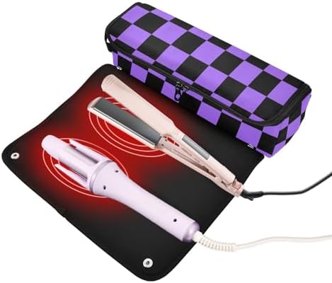 Checkerboard Black Purple Plaid Hair Tools Travel Bag Travel Organizer Pouch with Heat Resistant Mat Portable Carrying Case for Flat Irons Curling Iron Hair Dryer - Image 2